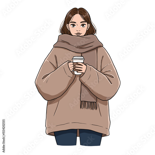 Young woman holding coffee cup while wearing cozy sweater and scarf  