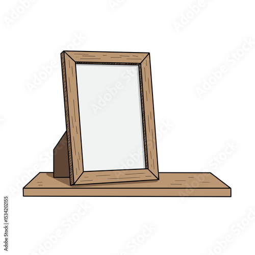 Wooden picture frame standing on a shelf with a blank space  