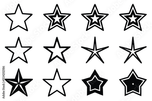 Various black and white star illustrations in different styles and outlines on white background