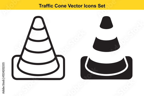 Traffic Cone Outline and Solid Vector Icon Set - Road Safety Barrier Symbol. Traffic cone vector icon .black outline filled version