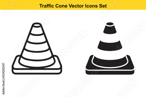 Traffic Cone Outline and Solid Vector Icon Set - Road Safety Barrier Symbol. Traffic cone vector icon .black outline filled version