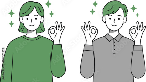 Cartoon man and woman smiling and showing okay hand gesture with sparkles, flat style vector illustration, positive approval concept
 flat vector illustration