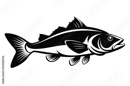 Stylized Black and White Illustration of a Fish with Dorsal Fin and Tail