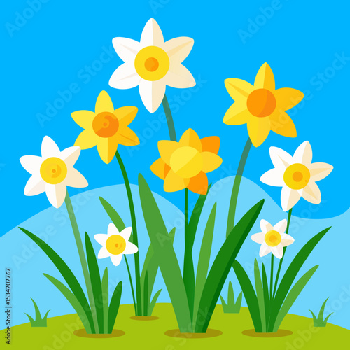 Bright Spring Day with Blooming Daffodils and Clear Blue Sky