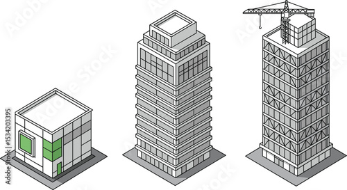 Isometric construction stages of modern buildings including small office, glass tower, and high-rise under development with rooftop crane machinery flat vector illustration