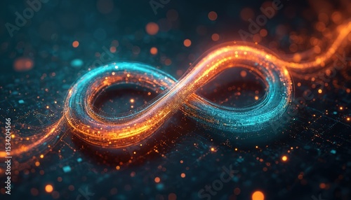 Illustration featuring infinity symbol formed by glowing digital data streams. Blue, orange colors. Concept of software engineering DevOps, data processing, cloud computing, development, modern
