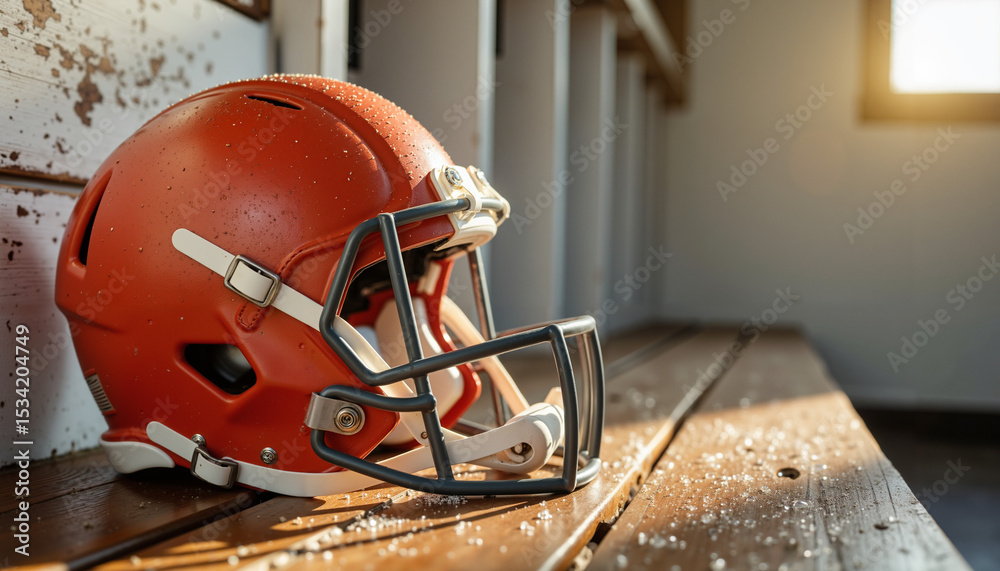 Fototapeta premium Football orange helmet resting on wooden bench in locker room with sunlight 