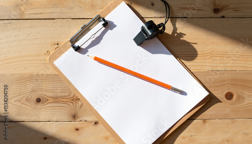 Blank clipboard with orange pencil ad black whistle  on wooden table under sunlight  