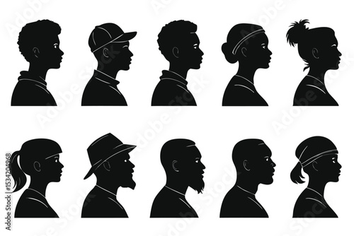 Silhouettes of diverse people in profile depicting various hairstyles and headwear in black