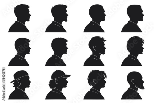 Vector silhouette collection of male heads showing various hairstyles and facial hair