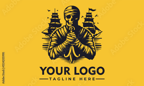 Intricate illustration of a rugged pirate figure with a classic hat, crossed swords, and a majestic sailing ship in the background. Maritime adventure concept
