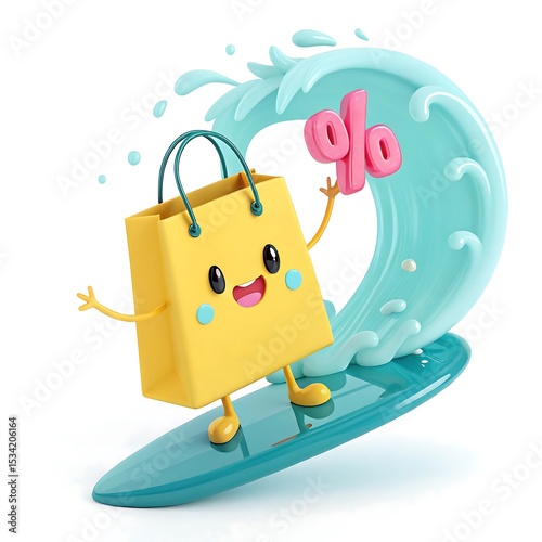 Cute 3D Shopping Bag Surfing Wave with Discount Percentage Sign - Summer Sale Promotion Graphic for Retail Marketing