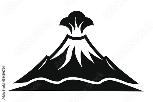 Stylized Black Volcano Erupting with Ash Cloud on Top of Earthy Ground Design