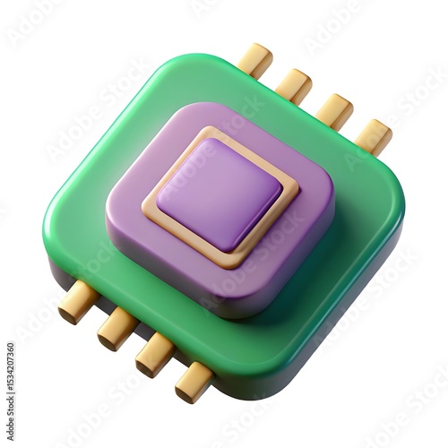 3D Rendered Computer Chip Illustration: Green & Purple Processor with Gold Pins, Technology Component Graphic, Isolated on White Background