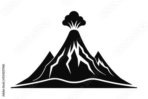 Black and White Illustration of an Erupting Volcano with Surrounding Mountains and Ground
