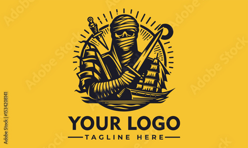 Intricate illustration of a rugged pirate figure with a classic hat, crossed swords, and a majestic sailing ship in the background. Maritime adventure concept