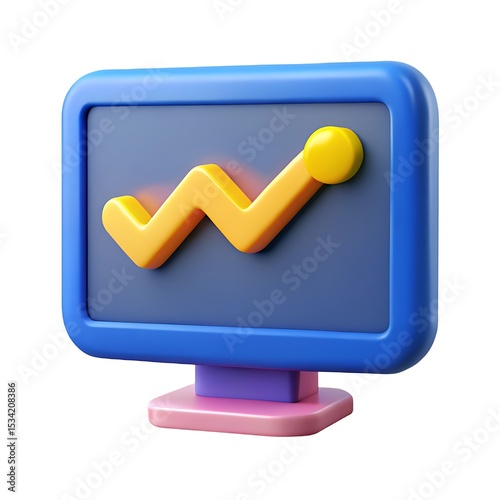 3D Stock Market Chart on Computer Screen: Business Growth, Financial Analysis, Investment Data, Upward Trend, Blue & Yellow Icon