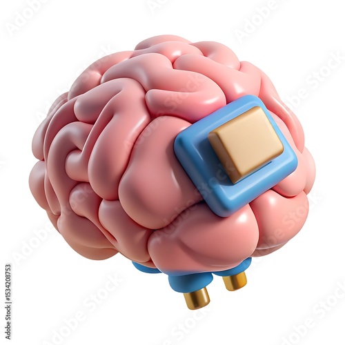 Brain Implant Illustration: 3D Rendering of a Brain with a Microchip, Artificial Intelligence Concept, Medical Technology Image