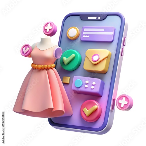 3D Render of Mobile Shopping App with Dress, Checkmarks, and Icons for Online Fashion Retail & E-commerce Marketing