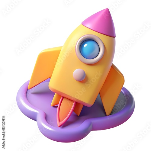 3D Cartoon Rocket Launching from Cloud Platform: Yellow Spacecraft with Pink Nose Cone, Kids Toy, Startup Icon, Isolated Image