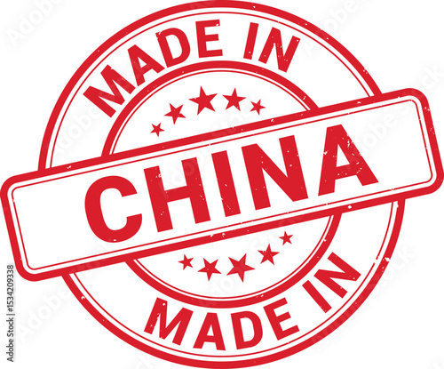 Made in China red grunge round stamp,sign, logo, badge, icon, sticker, label, emblem, stamp, symbol, black, line, flat vector, isolated illustration.