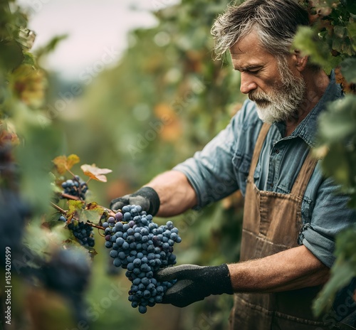 A man works in a vineyard, picking grapes for wine