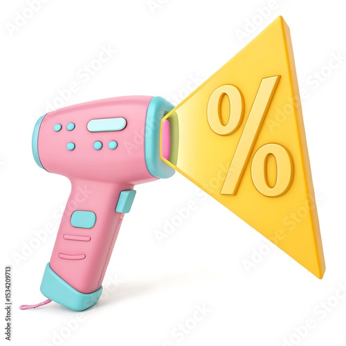 3D Render of Pink Discount Gun Projecting Yellow Percentage Sign - Sales Promotion, Special Offer, Marketing Concept
