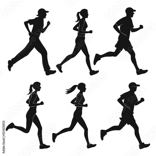 Male and Female Running Silhouettes in Dynamic Poses

