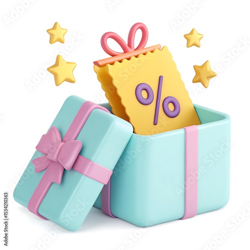 3D Gift Box with Discount Coupon: Sale Promotion, Special Offer, Voucher, Reward, Marketing, Shopping, Present, Yellow, Blue, Pink
