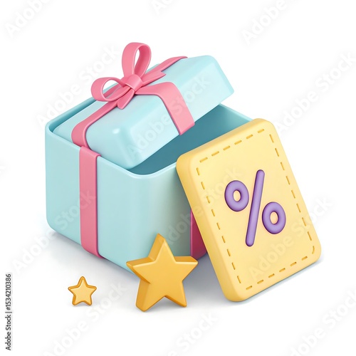 3D Render of Blue Gift Box with Pink Ribbon, Discount Percentage Sign, and Gold Stars - Sale Promotion Graphic