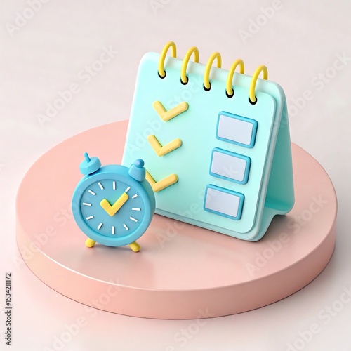 3D Render of Blue Alarm Clock & Teal Calendar with Checkmarks: Time Management, Planning, Productivity, and Schedule Concept