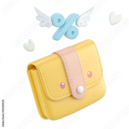 Cute Yellow Cartoon Wallet with Pink Strap, Wings, and Hearts - Kawaii Style Coin Purse for Girls, Fashionable Accessory