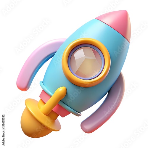 3D Cartoon Rocket Ship Illustration: Cute Pastel Colors Spacecraft, Toy Rocket with Window, Kids Room Decor, Isolated on White Background