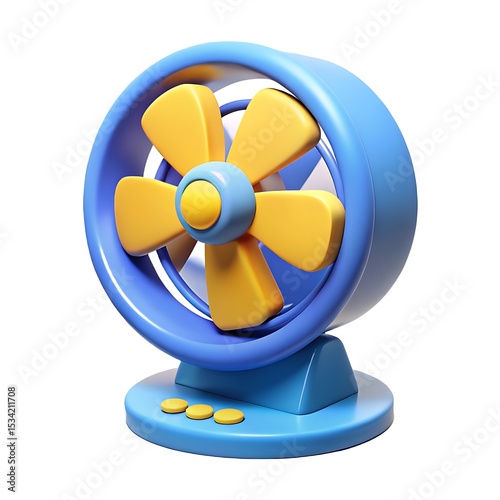 3D Render of a Blue and Yellow Cartoon Table Fan: Cute Home Appliance Illustration for Cooling and Summer Concepts
