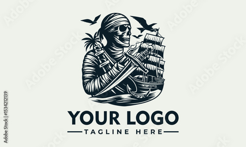 Intricate illustration of a rugged pirate figure with a classic hat, crossed swords, and a majestic sailing ship in the background. Maritime adventure concept
