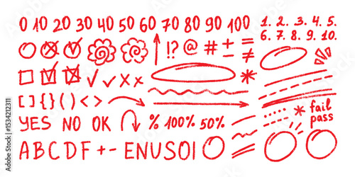 Hand drawn exam grades set. English test doodle exam marks. Teacher red marker grades. School testing, examination chalk grades. A B C D F outline hand drawn crayon grading elements. Homework score.