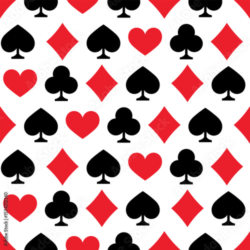 Seamless pattern of scattered red and black card suits - hearts, diamonds, clubs, spades on white background. Perfect for casino, gaming, and playful designs. Vector card suits seamless pattern.