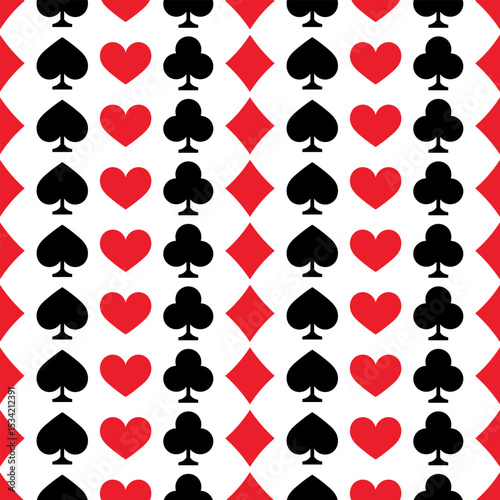 Seamless pattern with scattered red and black card suits - hearts, diamonds, clubs, spades on white background. Ideal for casino, gaming, and sophisticated playful designs. Vector card suits wallpaper