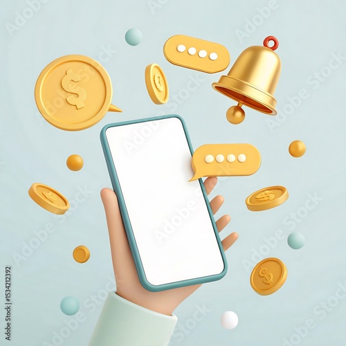 3D Rendered Hand Holding Smartphone with Money Coins, Chat Bubbles, and Notification Bell - Finance & Communication Concept