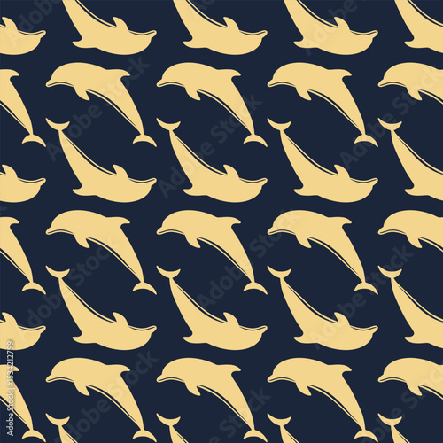 Seamless pattern featuring stylized dolphins in a warm sandy beige hue, leaping on a deep indigo blue background. Sophisticated and subtly contrasting marine-themed design. Vector dolphins wallpaper.