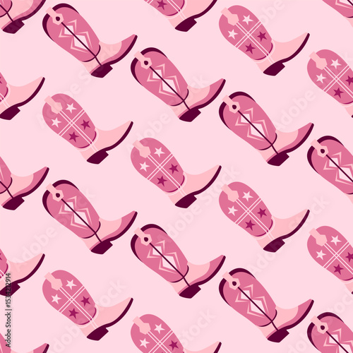Seamless pattern with stylized pink and burgundy cowgirl boots with stars and decorative swirl designs on light pink background. Playful Western-themed design for textiles and fun projects.