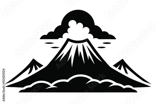 Silhouette Illustration of a Mountain with Clouds and Subsidiary Peaks in Black