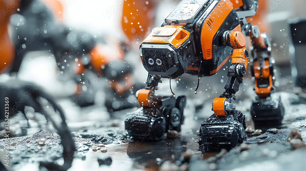 Fototapeta premium Quadruped Robot in Wet Urban Environment