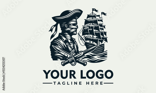 Intricate illustration of a rugged pirate figure with a classic hat, crossed swords, and a majestic sailing ship in the background. Maritime adventure concept