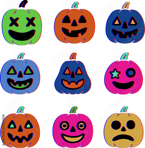 Cute and spooky pumpkins in a naive modern style with bright colors and neon accents. Perfect for Halloween cards, kids design, decorations, and seasonal creative projects.	