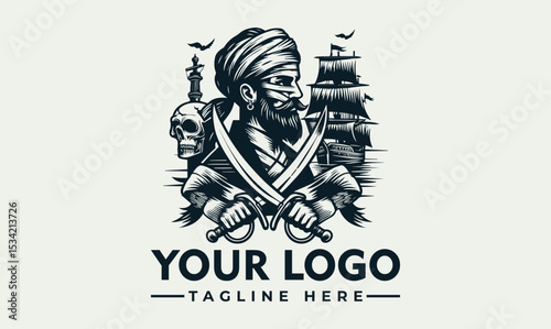 Intricate illustration of a rugged pirate figure with a classic hat, crossed swords, and a majestic sailing ship in the background. Maritime adventure concept