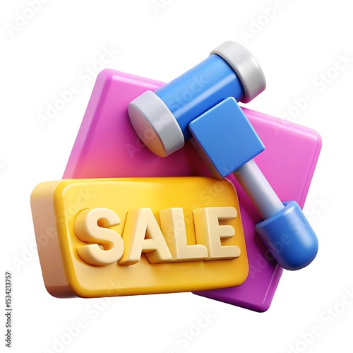 3D Sale Icon with Gavel, Pink & Yellow, Auction, Promotion, Discount, Offer, Shopping, Commerce, Retail, Business, Isolated Illustration