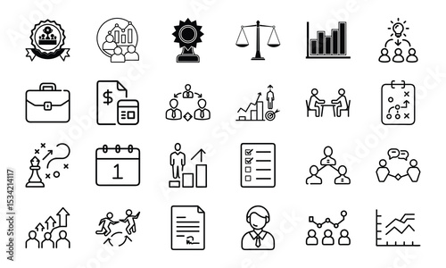 Line art icons related to business, finance, teamwork, strategy, success, management, agreement, and the essential package of business elements.