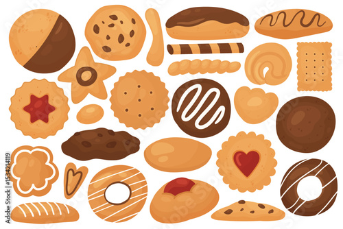 Cookies sweet food set, bakery production or homemade vector illustration. Cartoon dessert pastry product collection with tasty round cakes, cookie with chocolate or icing decoration isolated on white