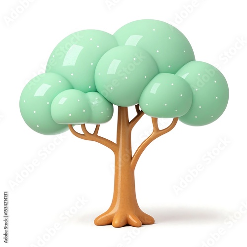 Cartoon Tree Illustration: Cute 3D Rendering of a Stylized Green Tree with White Dots on a Brown Trunk, Isolated on White Background